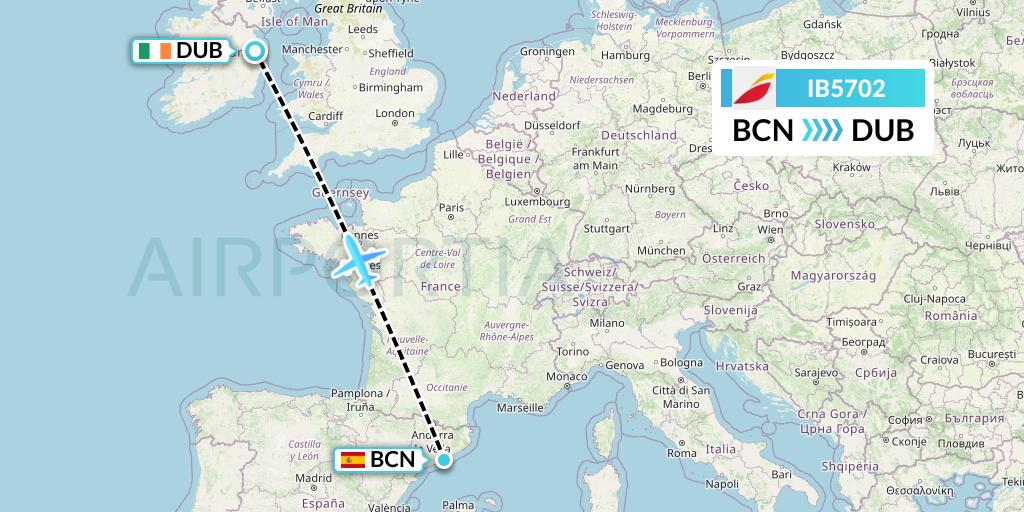 IB5702 Iberia Flight Map: Barcelona to Dublin
