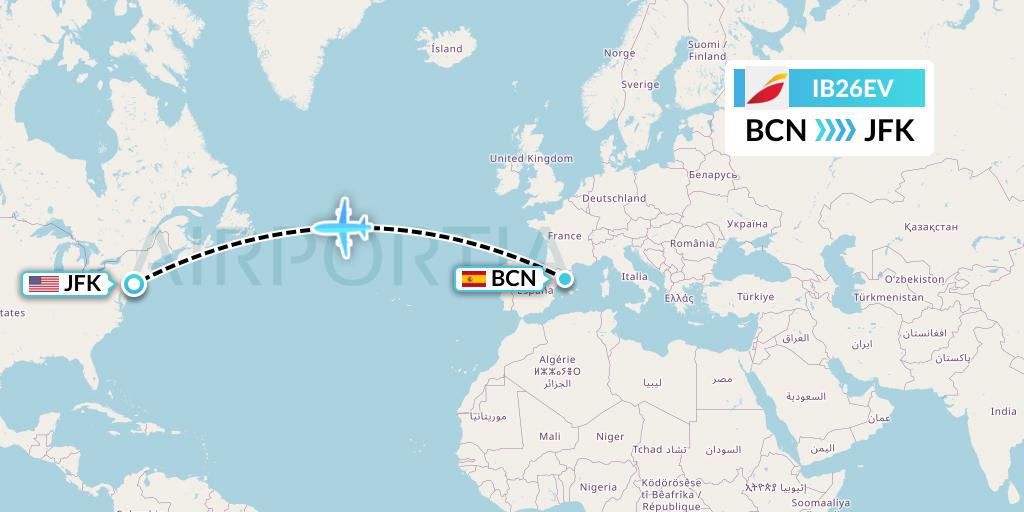 IB26EV Iberia Flight Map: Barcelona to New York