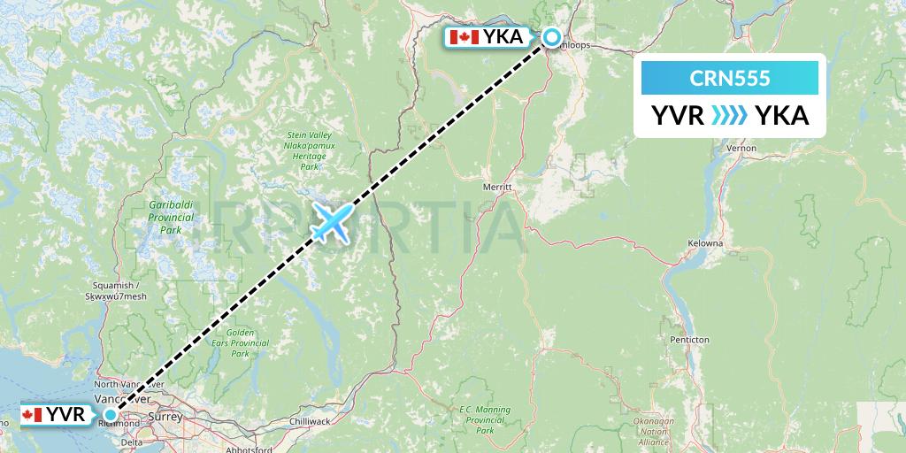 CRN555 Aerocaribbean Flight Map: Vancouver to Kamloops