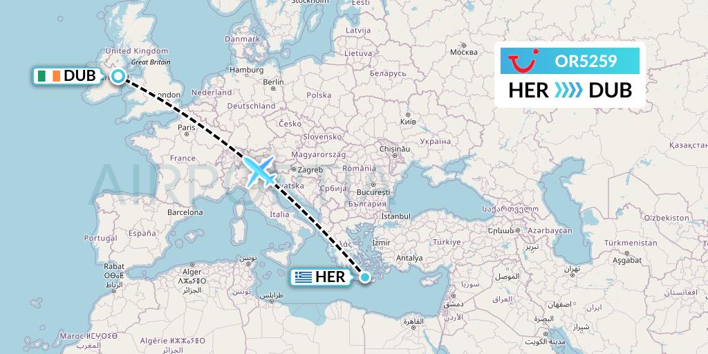 OR5259 TUI fly Netherlands Flight Map: Heraklion to Dublin