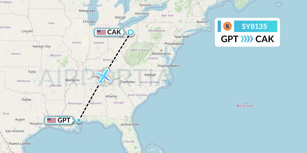 SY8135 Sun Country Airlines Flight Map: Gulfport to Akron