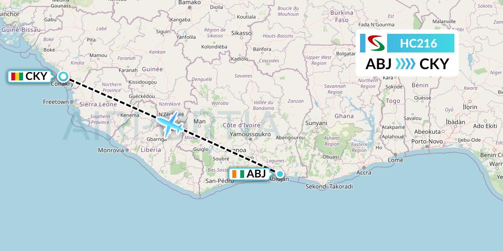 HC216 Air Senegal Flight Map: Abidjan to Conakry
