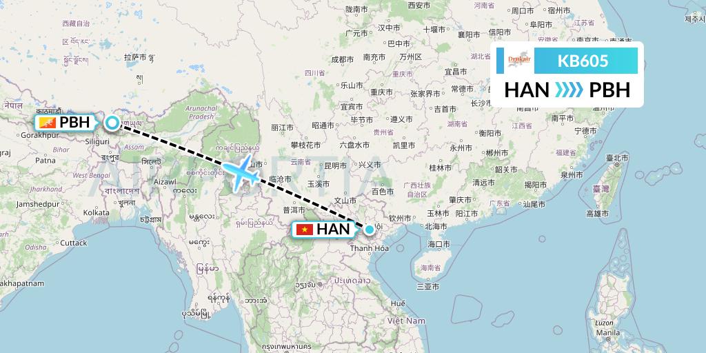 KB605 Druk Air Flight Map: Hanoi to Paro