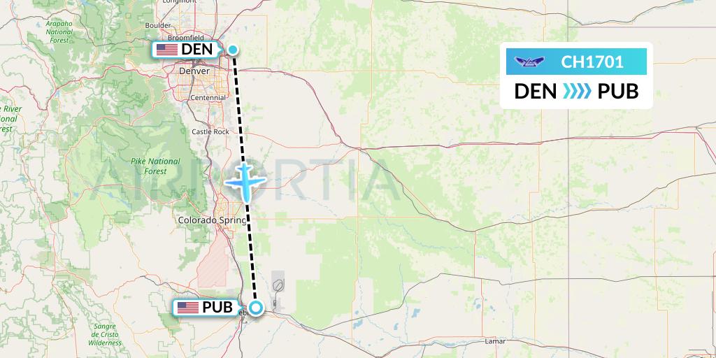 CH1701 Bemidji Airlines Flight Map: Denver to Pueblo