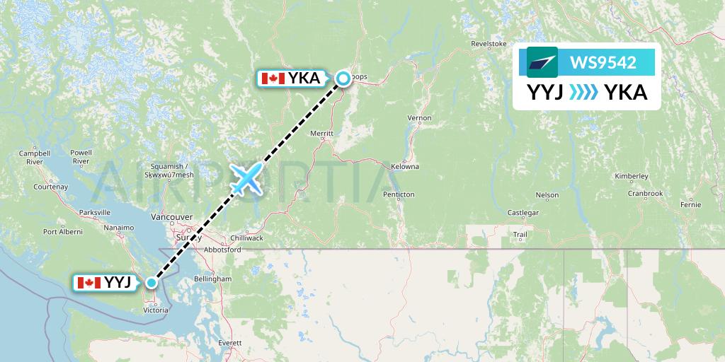 WS9542 WestJet Flight Map: Victoria to Kamloops