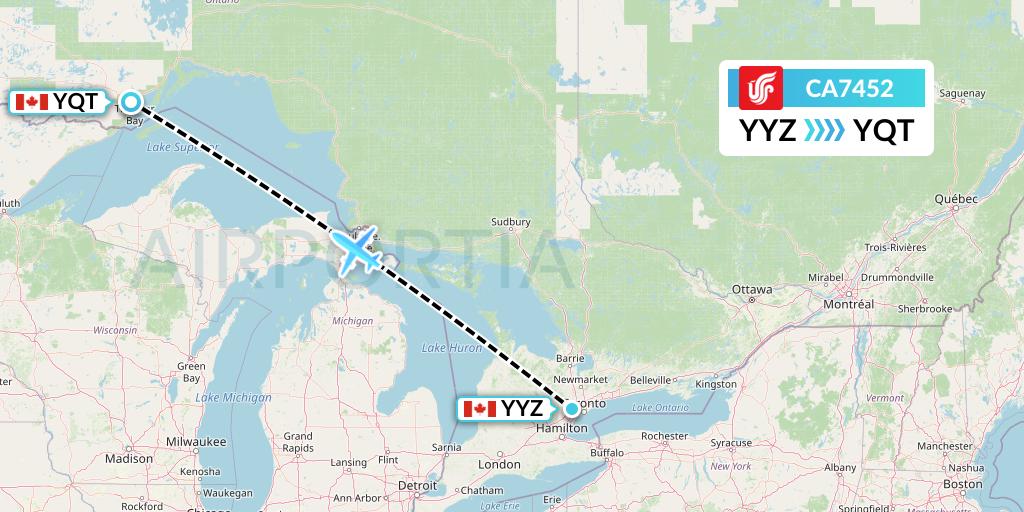 CA7452 Air China Flight Map: Toronto to Thunder Bay