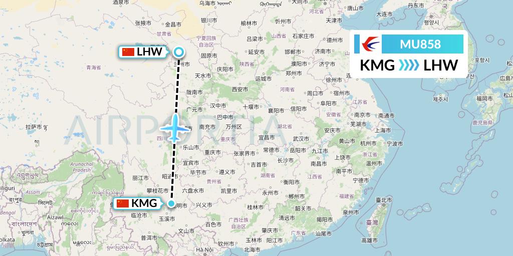 MU858 China Eastern Airlines Flight Map: Kunming to Lanzhou