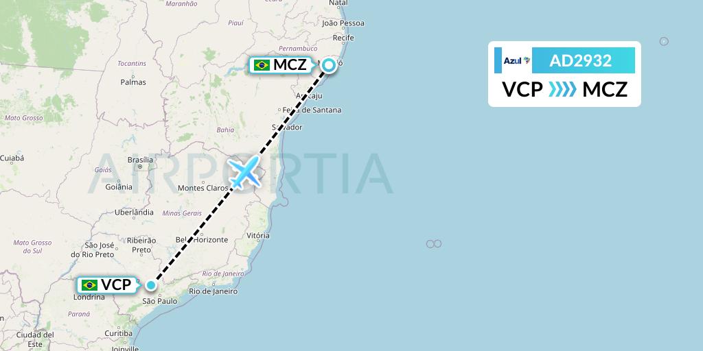 AD2932 Azul Brazilian Airlines Flight Map: Campinas to Maceio