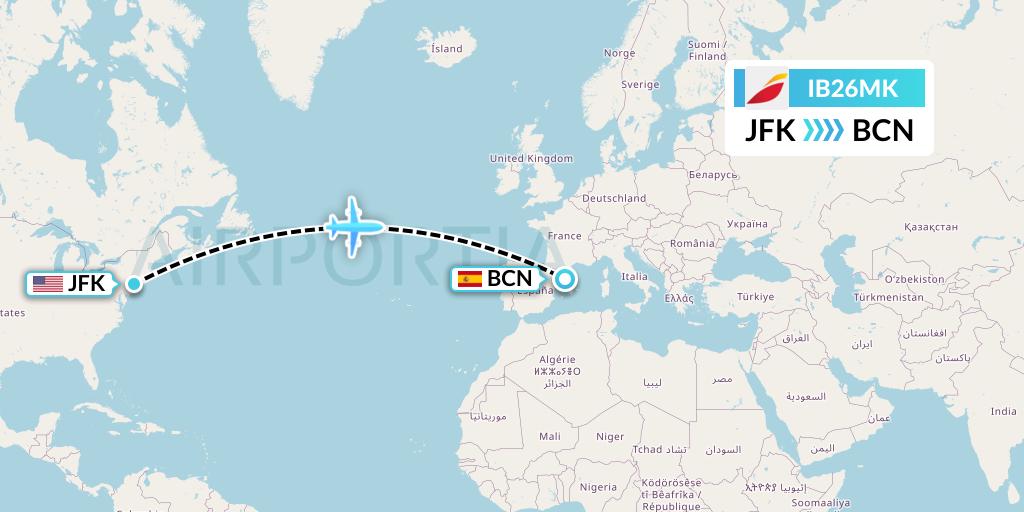 IB26MK Iberia Flight Map: New York to Barcelona