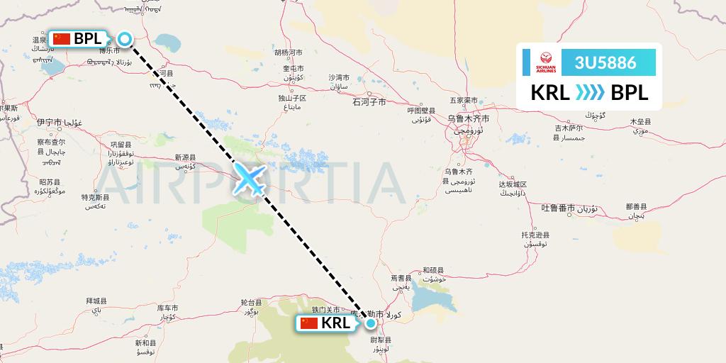 3U5886 Sichuan Airlines Flight Map: Korla to Bole