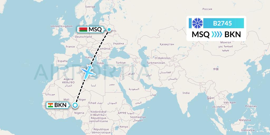 B2745 Belavia Flight Map: Minsk to Birni Nkoni