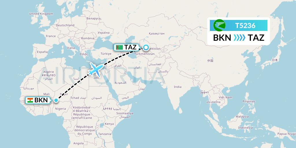 T5236 Turkmenistan Airlines Flight Map: Birni Nkoni to Dasoguz