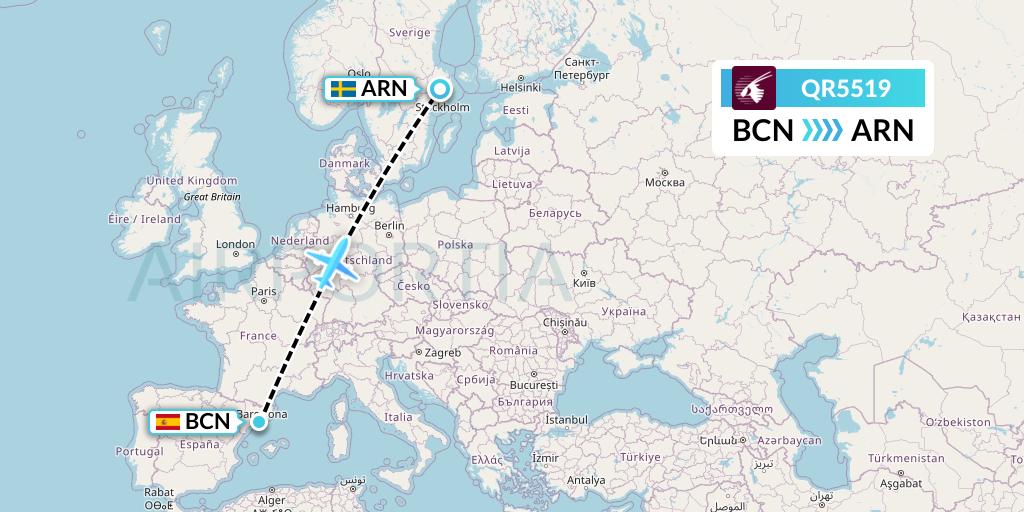 QR5519 Qatar Airways Flight Map: Barcelona to Stockholm