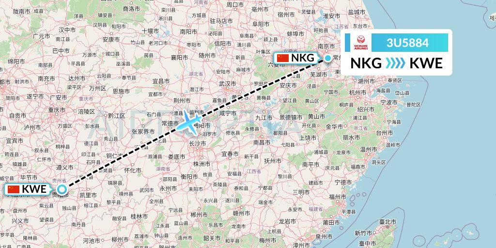 3U5884 Sichuan Airlines Flight Map: Nanjing to Guiyang