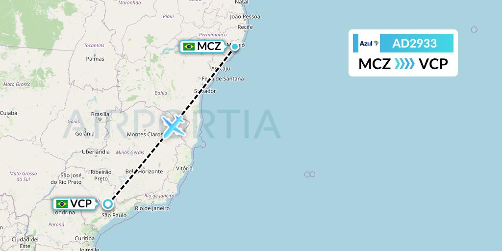 AD2933 Azul Brazilian Airlines Flight Map: Maceio to Campinas