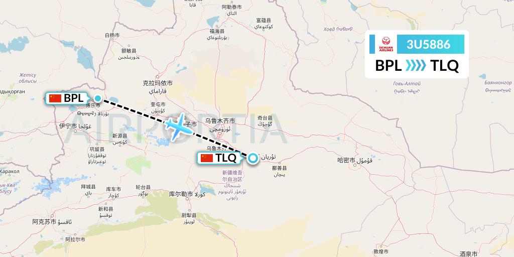 3U5886 Sichuan Airlines Flight Map: Bole to Turpan