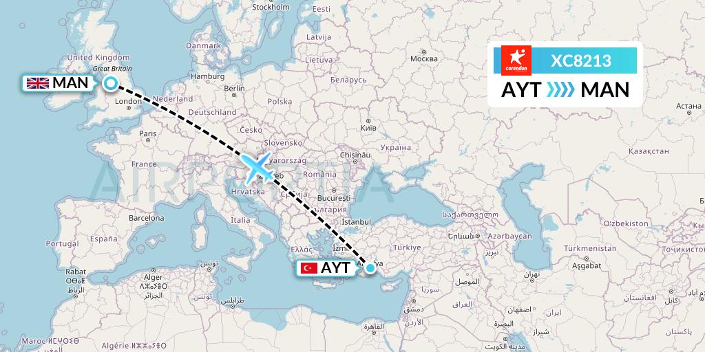 XC8213 Corendon Airlines Flight Map: Antalya to Manchester