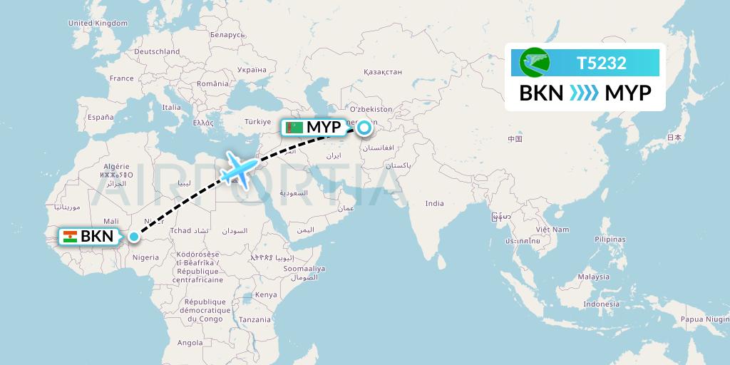 T5232 Turkmenistan Airlines Flight Map: Birni Nkoni to Mary