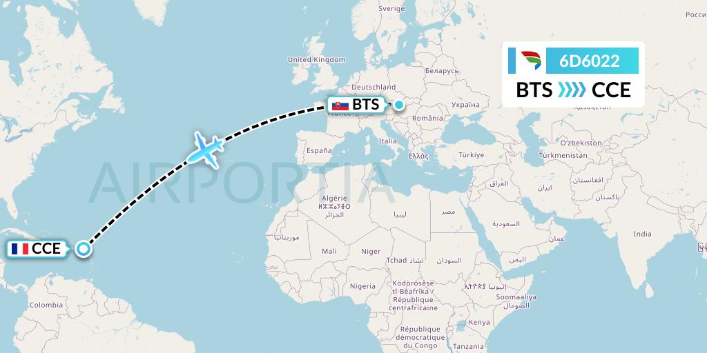 6D6022 Travel Service Slovakia Flight Map: Bratislava to St Martin
