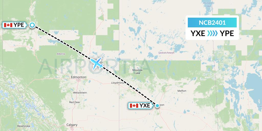 NCB2401 North Caribou Flying Service Flight Map: Saskatoon to Peace River