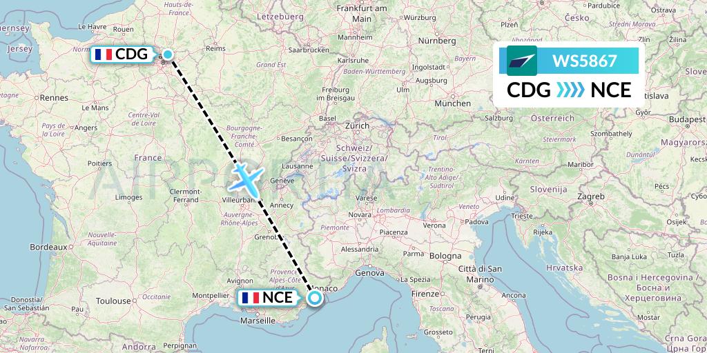WS5867 WestJet Flight Map: Paris to Nice