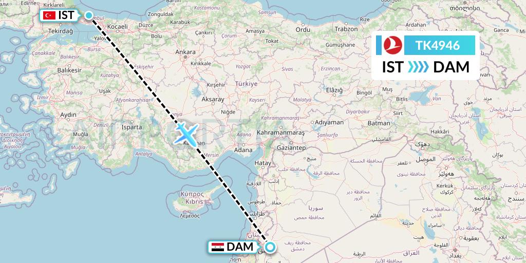 TK4946 Turkish Airlines Flight Map: Istanbul to Damascus