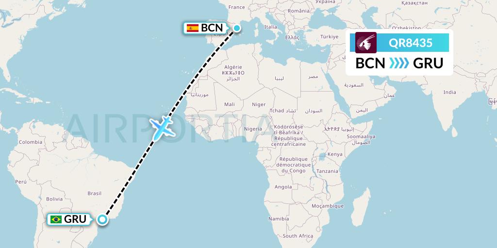 QR8435 Qatar Airways Flight Map: Barcelona to Sao Paulo