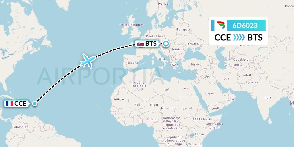 6D6023 Travel Service Slovakia Flight Map: St Martin to Bratislava