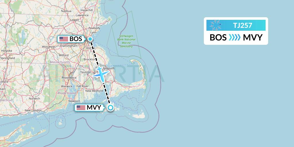 TJ257 Tradewind Aviation Flight Map: Boston to Martha's Vineyard