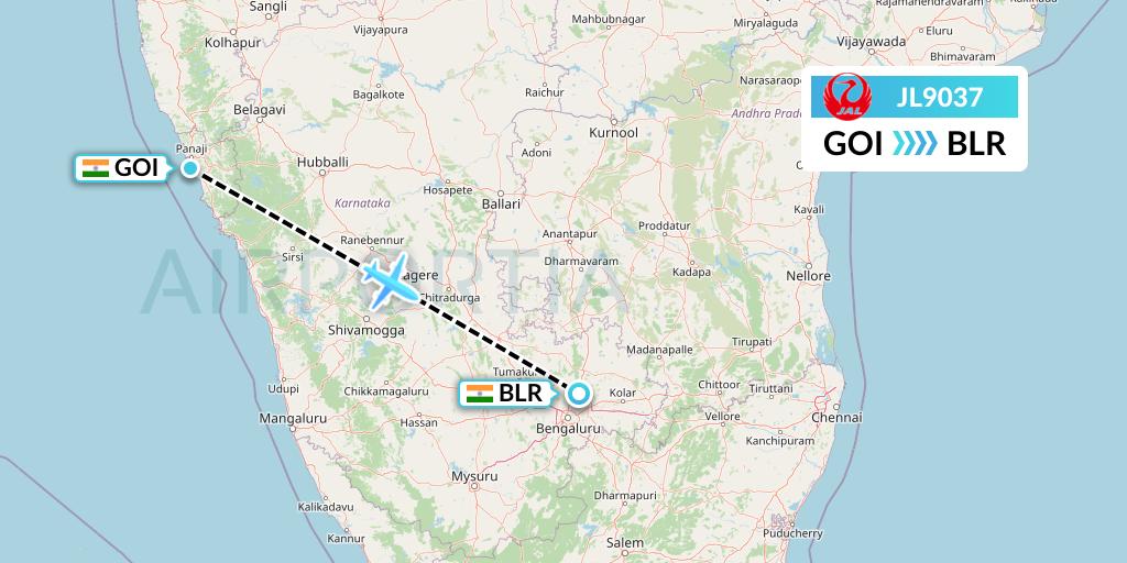 JL9037 Japan Airlines Flight Map: Goa to Bangalore