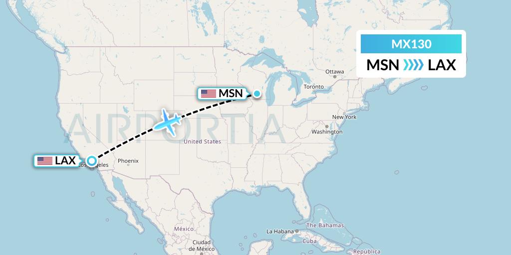 MX130 Breeze Airways Flight Map: Madison to Los Angeles