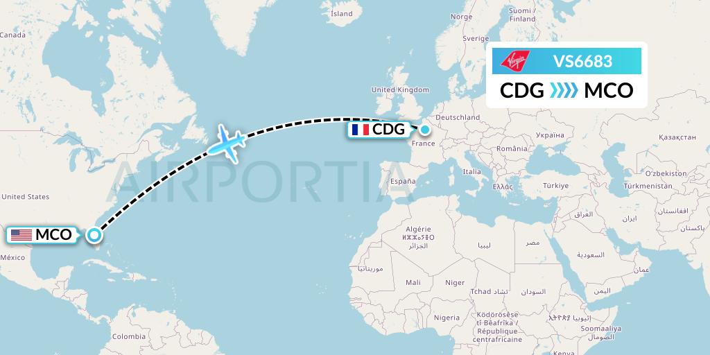 VS6683 Virgin Atlantic Airways Flight Map: Paris to Orlando