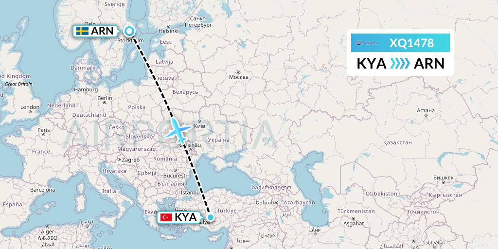 XQ1478 SunExpress Flight Map: Konya to Stockholm