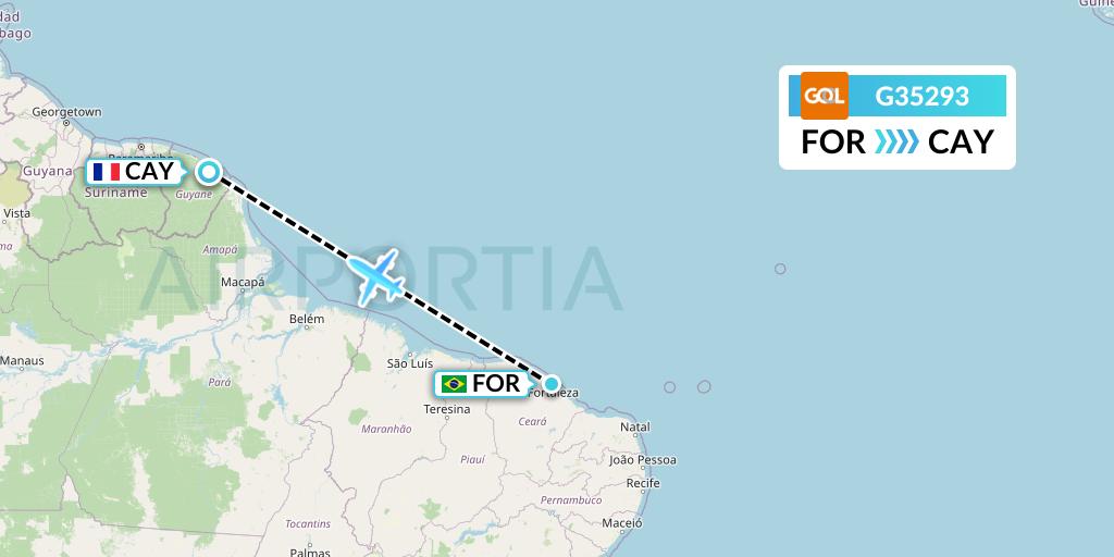 G35293 GOL Transportes Aeros Flight Map: Fortaleza to Cayenne