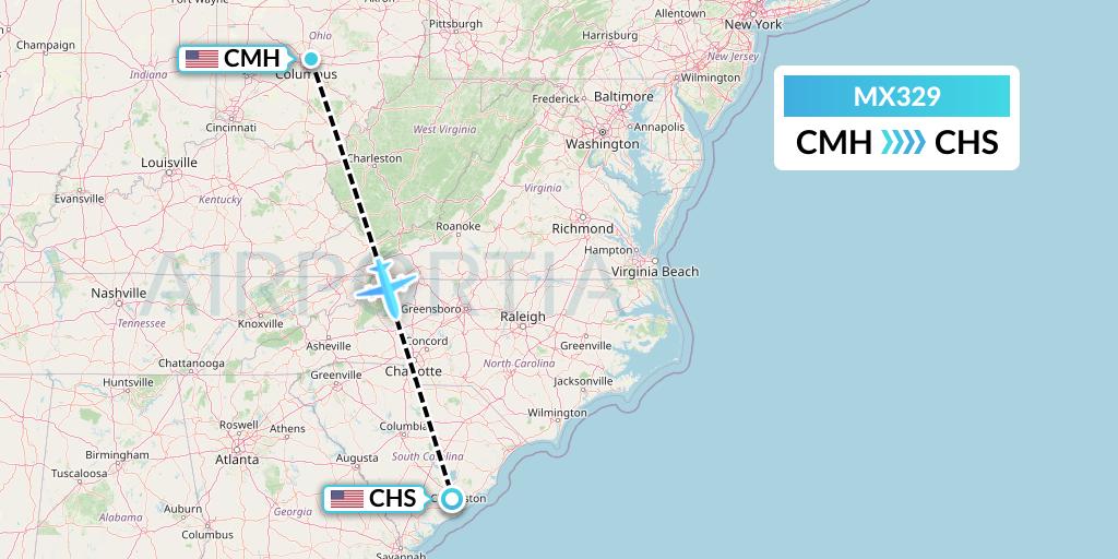 MX329 Breeze Airways Flight Map: Columbus to Charleston
