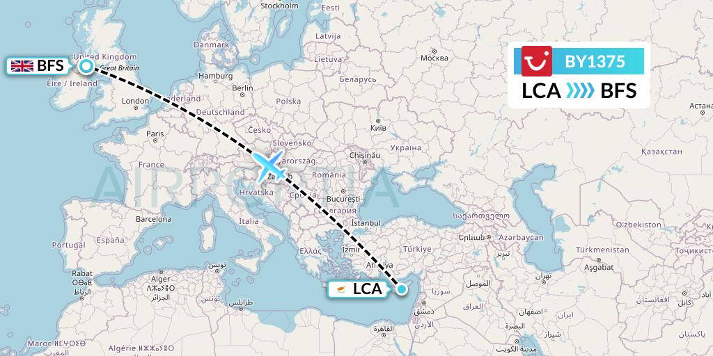 BY1375 TUI Airways Flight Map: Larnaca to Belfast
