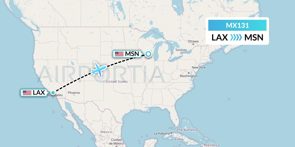 MX131 Breeze Airways Flight Map: Los Angeles to Madison