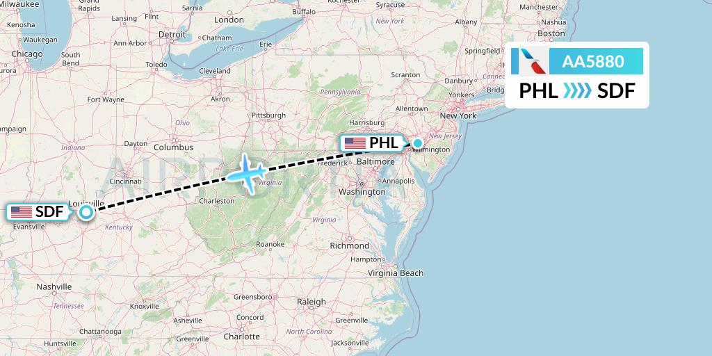 AA5880 American Airlines Flight Map: Philadelphia to Louisville