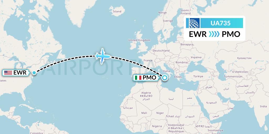 UA735 United Airlines Flight Map: New York to Palermo
