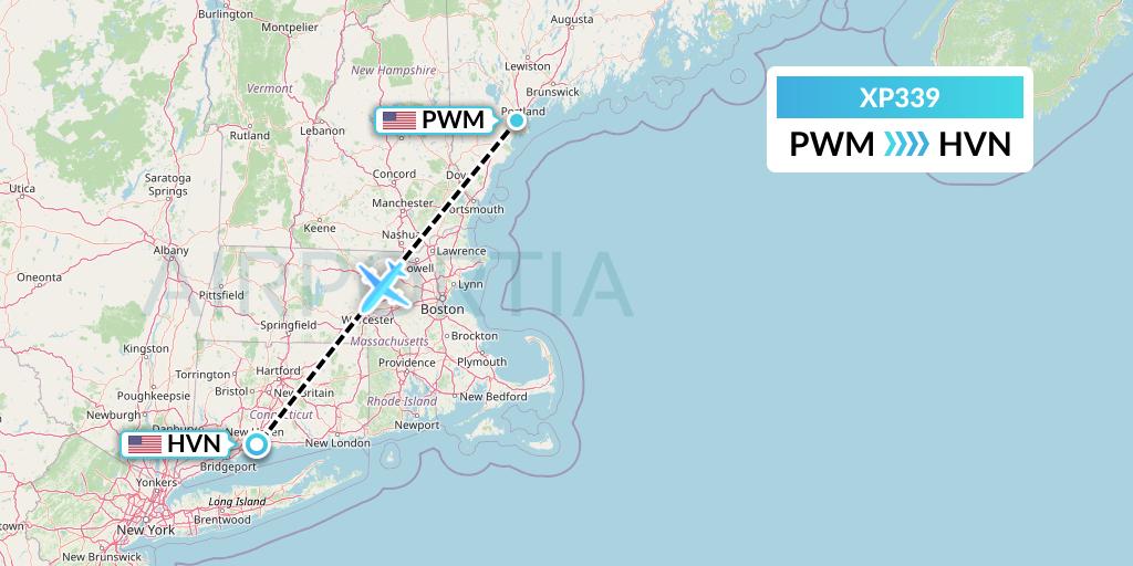 XP339 Avelo Airlines Flight Map: Portland to New Haven