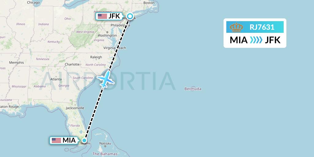 RJ7631 Royal Jordanian Flight Map: Miami to New York