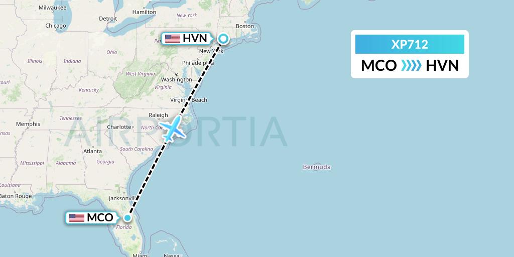 XP712 Avelo Airlines Flight Map: Orlando to New Haven