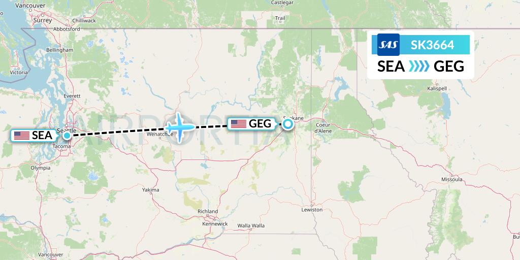 SK3664 SAS Flight Map: Seattle to Spokane
