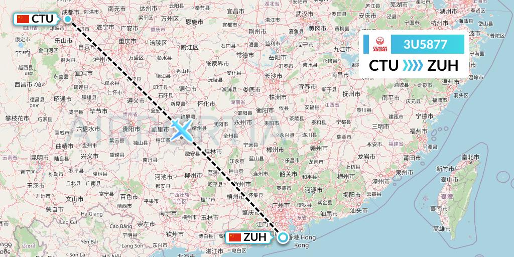 3U5877 Sichuan Airlines Flight Map: Chengdu to Zhuhai