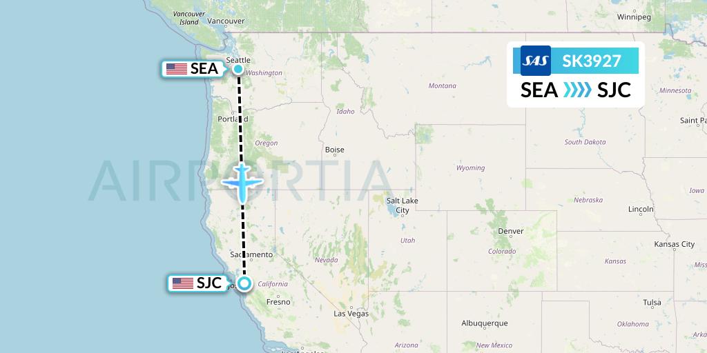 SK3927 SAS Flight Map: Seattle to San Jose