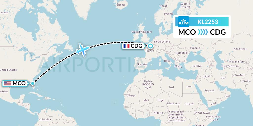 KL2253 KLM Flight Map: Orlando to Paris