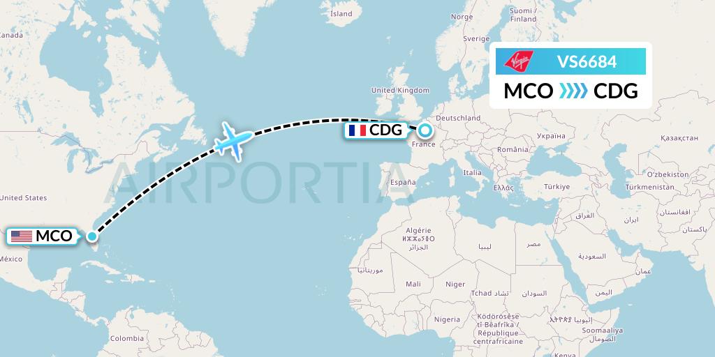 VS6684 Virgin Atlantic Airways Flight Map: Orlando to Paris