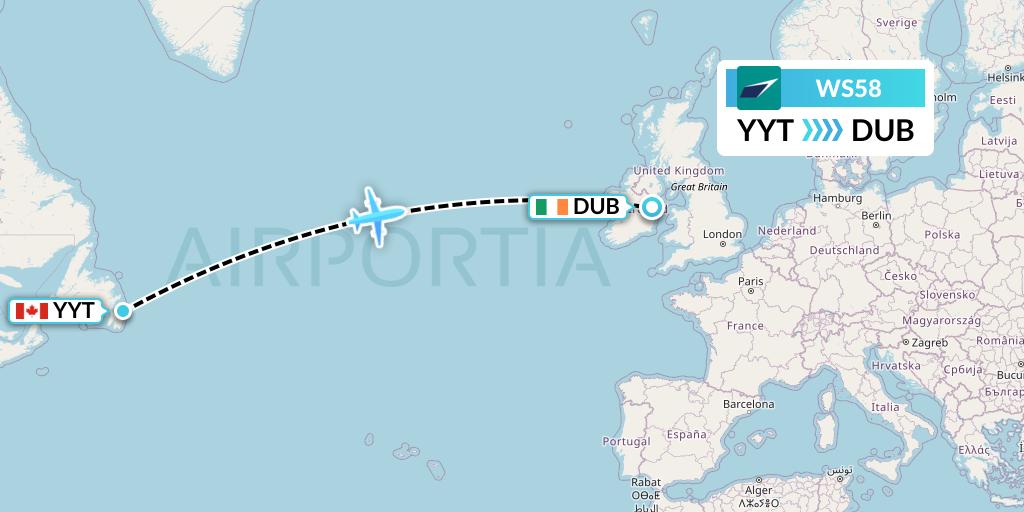 WS58 WestJet Flight Map: St. John's to Dublin