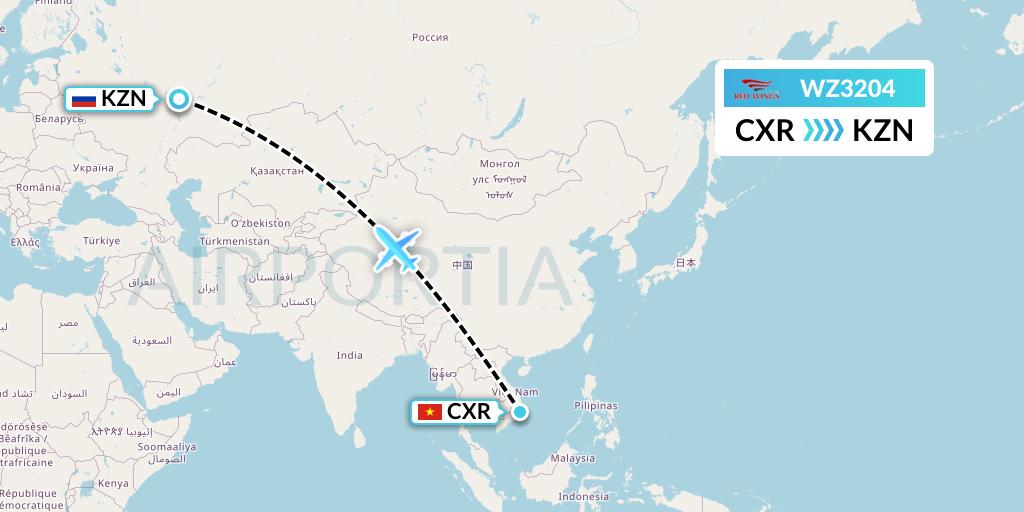 WZ3204 Red Wings Flight Map: Nha Trang to Kazan
