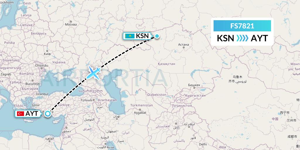 FS7821 Flyr Flight Map: Kostanay to Antalya